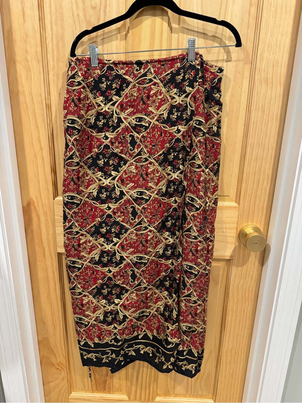 Liz Claiborne Vintage Red, Black and Gold Printed Wrap Maxi Skirt